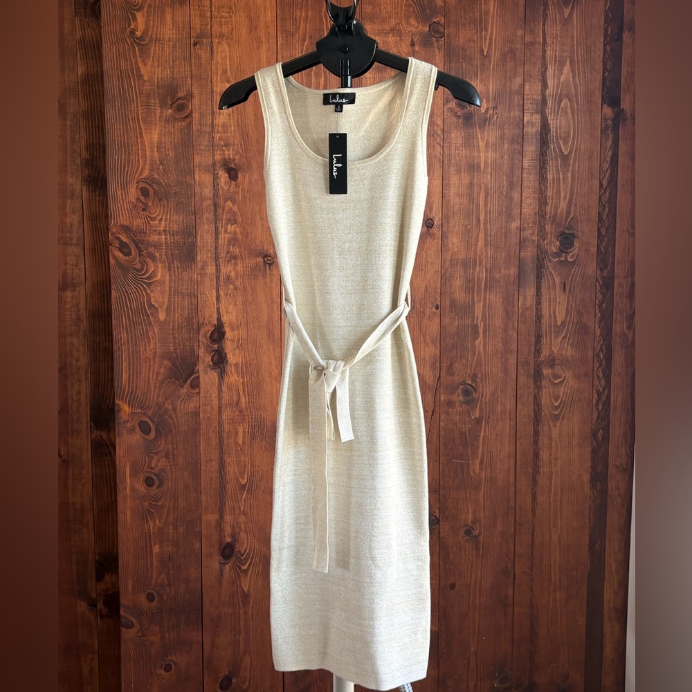 Lulu's Cream Knit Midi Tank Dress with Waist Tie